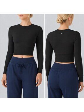 Halara Top XS Black Long Sleeve Cropped Athletic Workout Ribbed Waist Stretchy